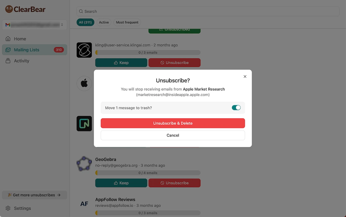 A pop-up window displays an unsubscribe option from Apple Market Research emails. It offers choices to "Unsubscribe & Delete" or "Cancel." The background shows a mailing list interface with unsubscribe buttons.